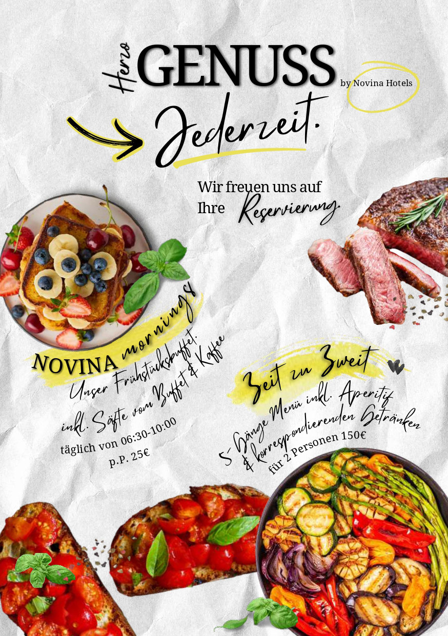 Buntes Poster mit Genuss jederzeit Schriftzug und Foto von Frühstück und Grillgerichten